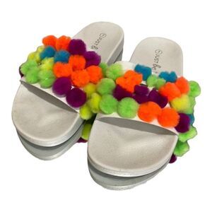 Just be…DIY neon/white Pom Pom slides size 7 NEW